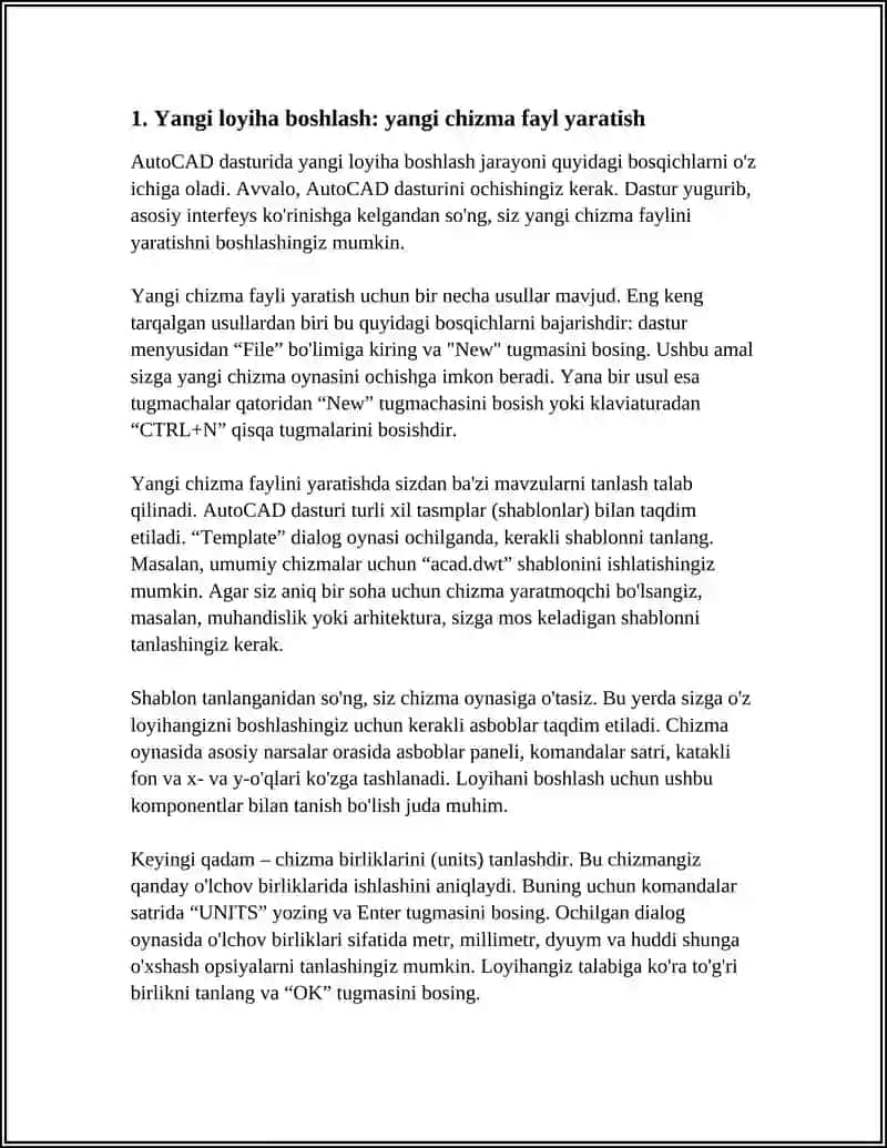 AUTOCAD DASTURIDA YANGI LOYIHA YARATISH 3