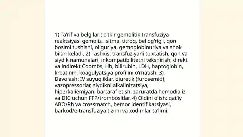 Transfuziologiya asoratlari,ularni tashxislash,davolash va oldini olish usullari 3