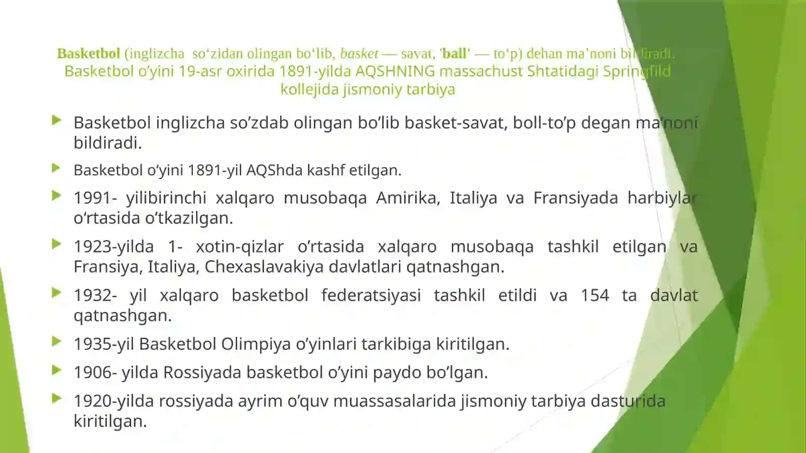 Baskrtbolo‘yininingkelibchiqishivarivojlanisshtarixi,o‘yinqoidalarihamdao‘yintexnikasivataktikasiningtasnifi 3