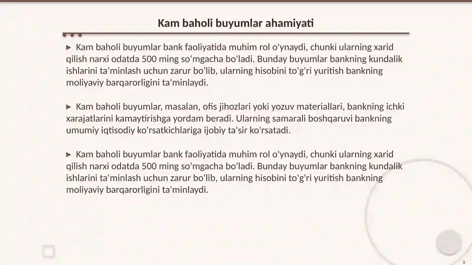 Banklarda kam baholi va tez eskiruvchi buyumlar hamda boshqa material zaxiralari hisobi 3