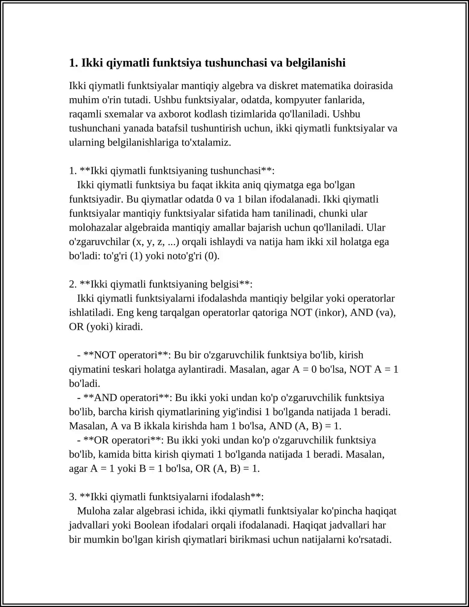 IKKI QIYMATLI FUNKSIYA ORQALI MULOHAZALAR ALGEBRASINING FORMULASINI IFODALASH 3
