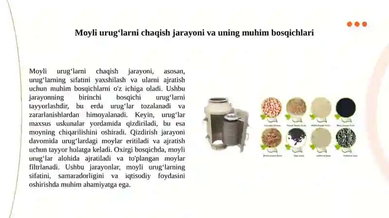 Moyli urugʻlarni chaqish va separatlash boʻlimlari va uskunalari 3