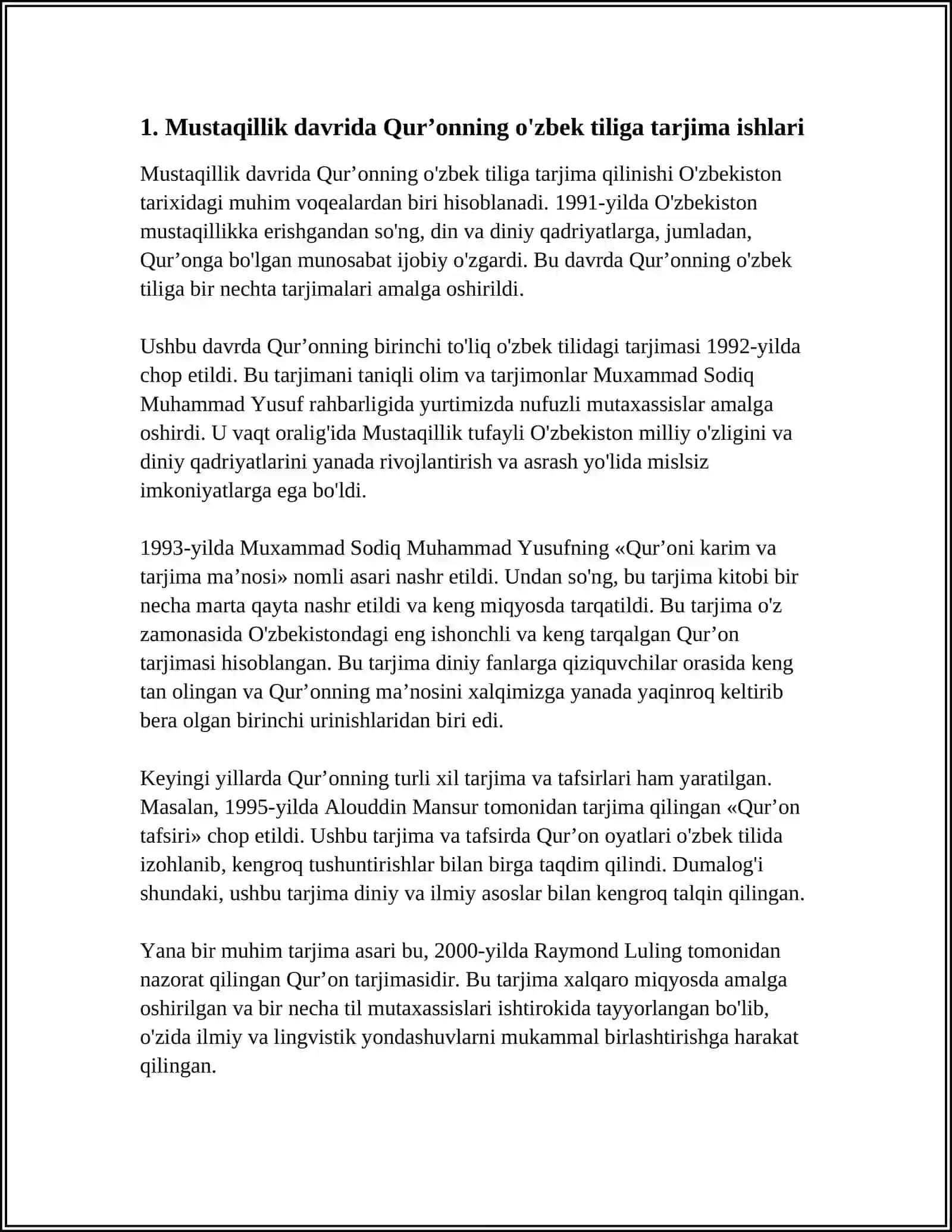 MUSTAQILLIK YILLARIDA QURʼONNING OʻZBEK TILIGA TARJIMA QILINISHI VA TAFSIRLARI HAQIDA 3