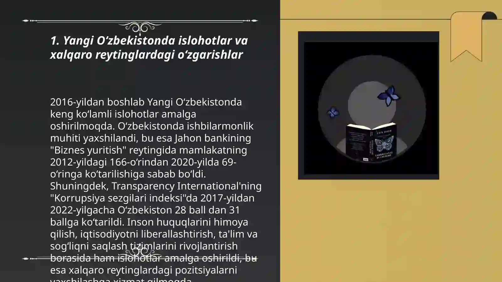 O‘zbekiston va jahon hamjamiyati Yangi O‘zbekiston ijtimoiy-siyosiy, iqtisodiy va madaniy hayotida roʻy berayotgan oʻzgarishlarning xalqaro reyting va indekslarda aks etishi. Yangi O‘zbekistonda Prezident Sh.M.Mirziyoyev rahbarligi va tashabbusi 3