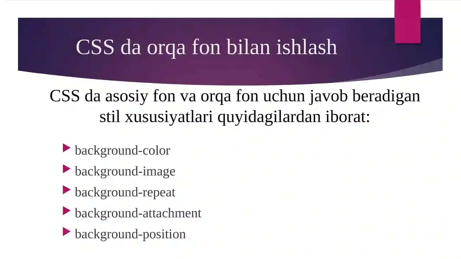 CSS da ranglar. Rang, shrift va ro‘yxatlar uchun aniqlangan xossalar 3