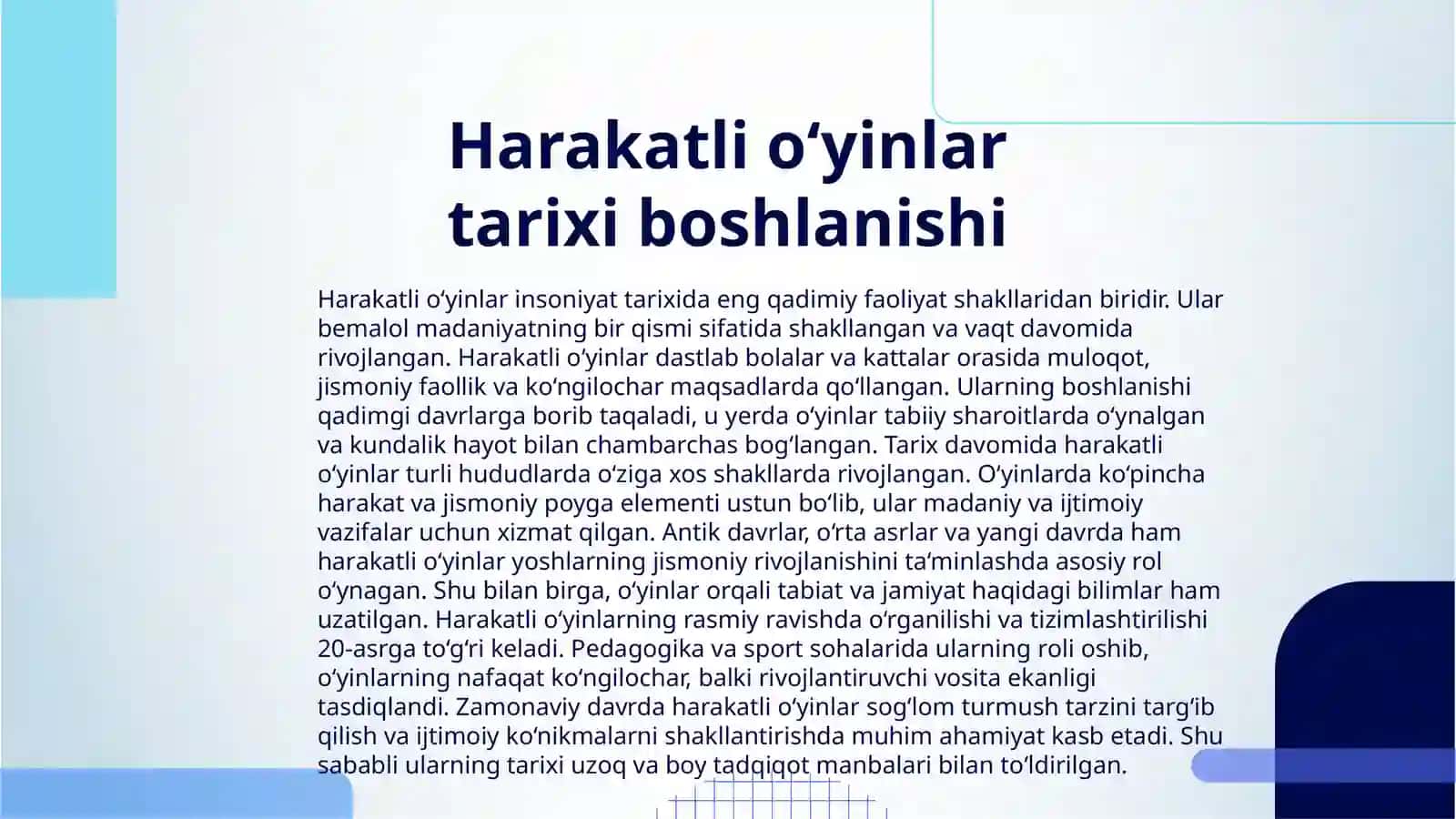 HARAKATLI O‘YINLAR TARIXI VA QISQACHA TUSHUNCHA, TURKUMLARI, RIVOJLANISH BOSQICHLARI VA PEDAGOGIK AHAMIYATI 3