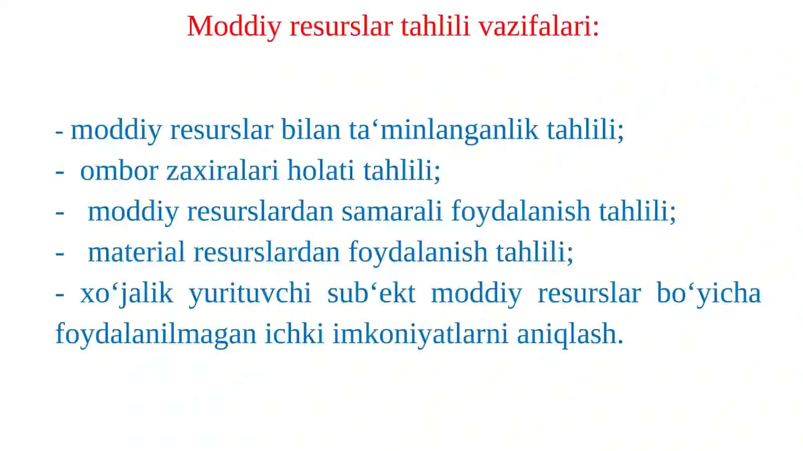 Moddiy resurslar bilanta‘minlanganlik va ulardan foydalanish tahlili 3