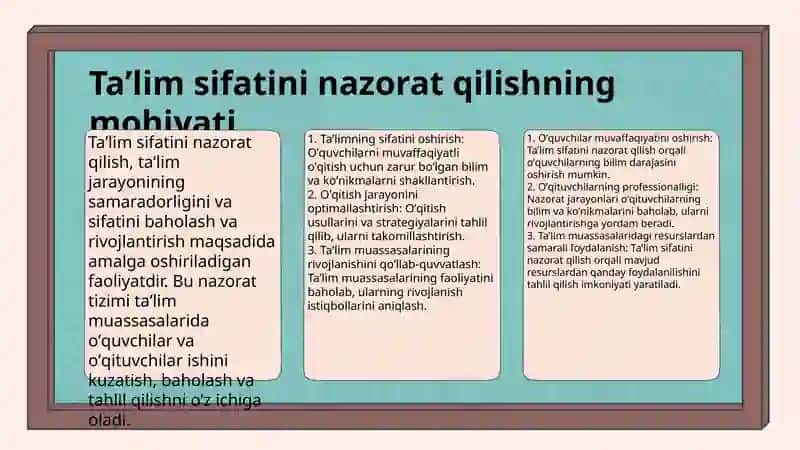 Ta`lim sifatini nazorat qilish va uning turlari. Muammoli ta`lim turlari texnologiyasi mohiyati va turlari 3