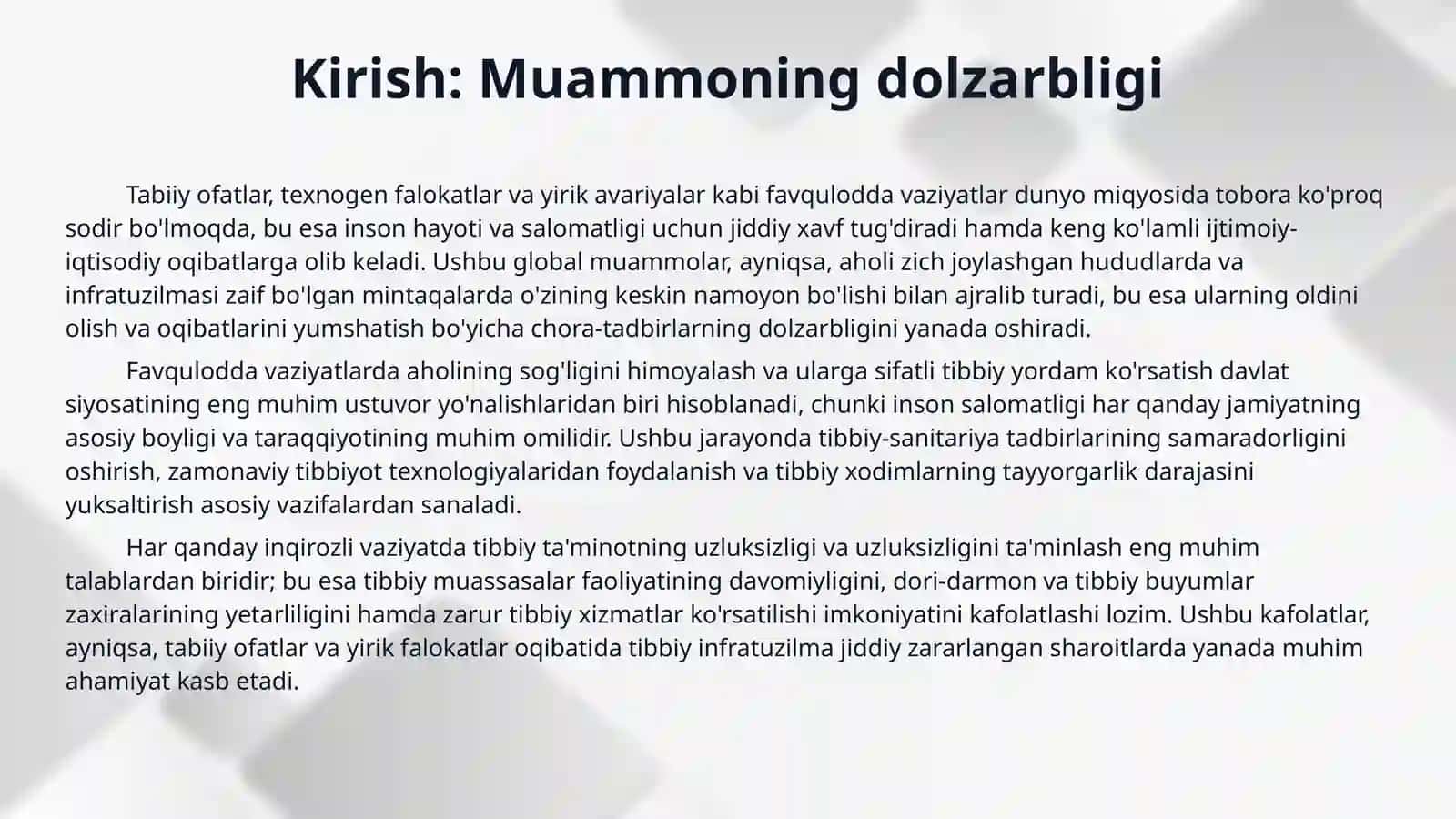 PREZENTATSIYA MAVZUSI:. Aholining tabiiy ofatlar, katta falokatlar va talafotlarda tibbiy jihatdan ta’minlanishini tashkil etish. 3