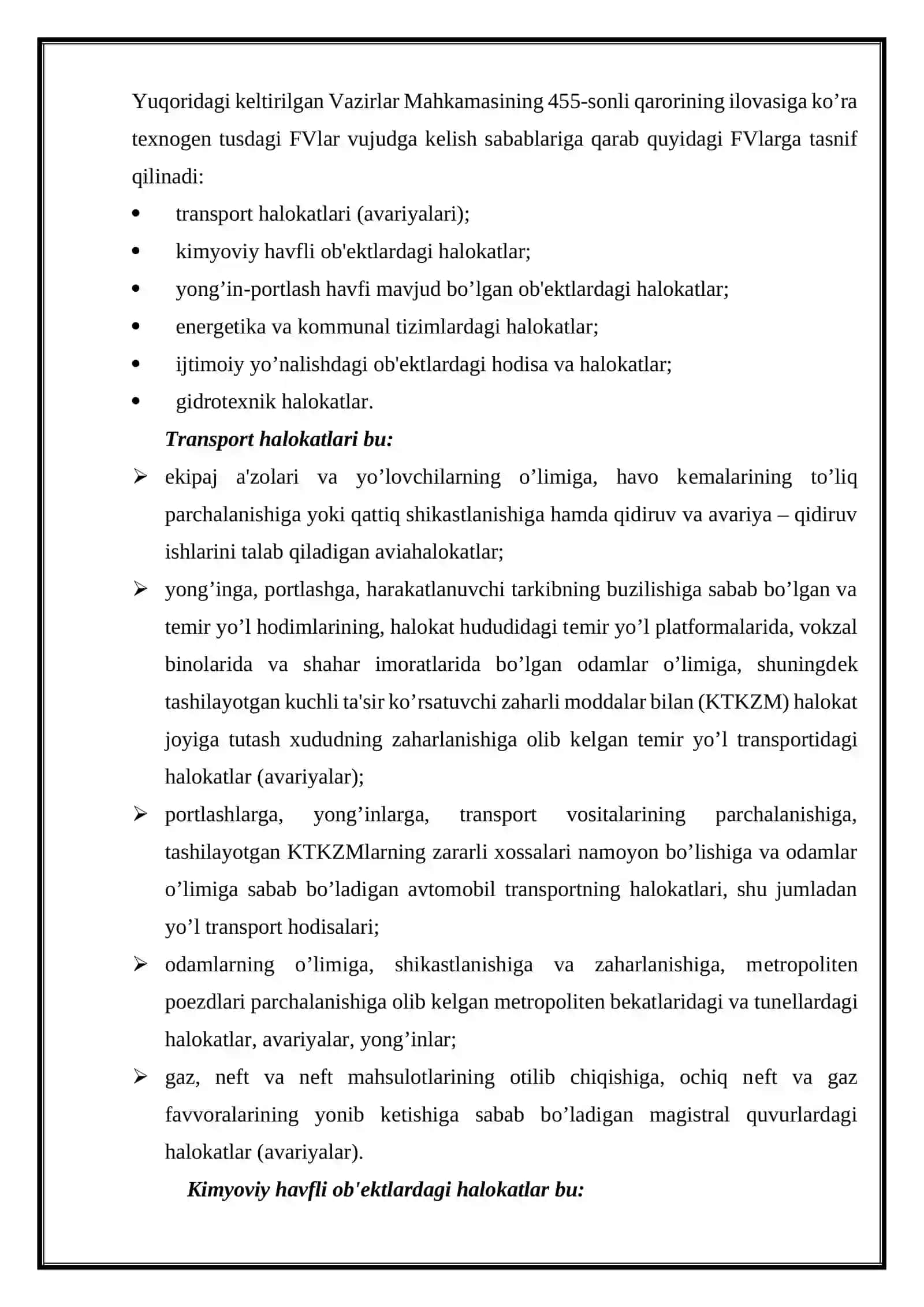 Texnogen tusdagi favqulodda vaziyatlar, ularning tavsifi va tasnifi. Aholi va hududni texnogen FVlardan muhofaza qilish 3