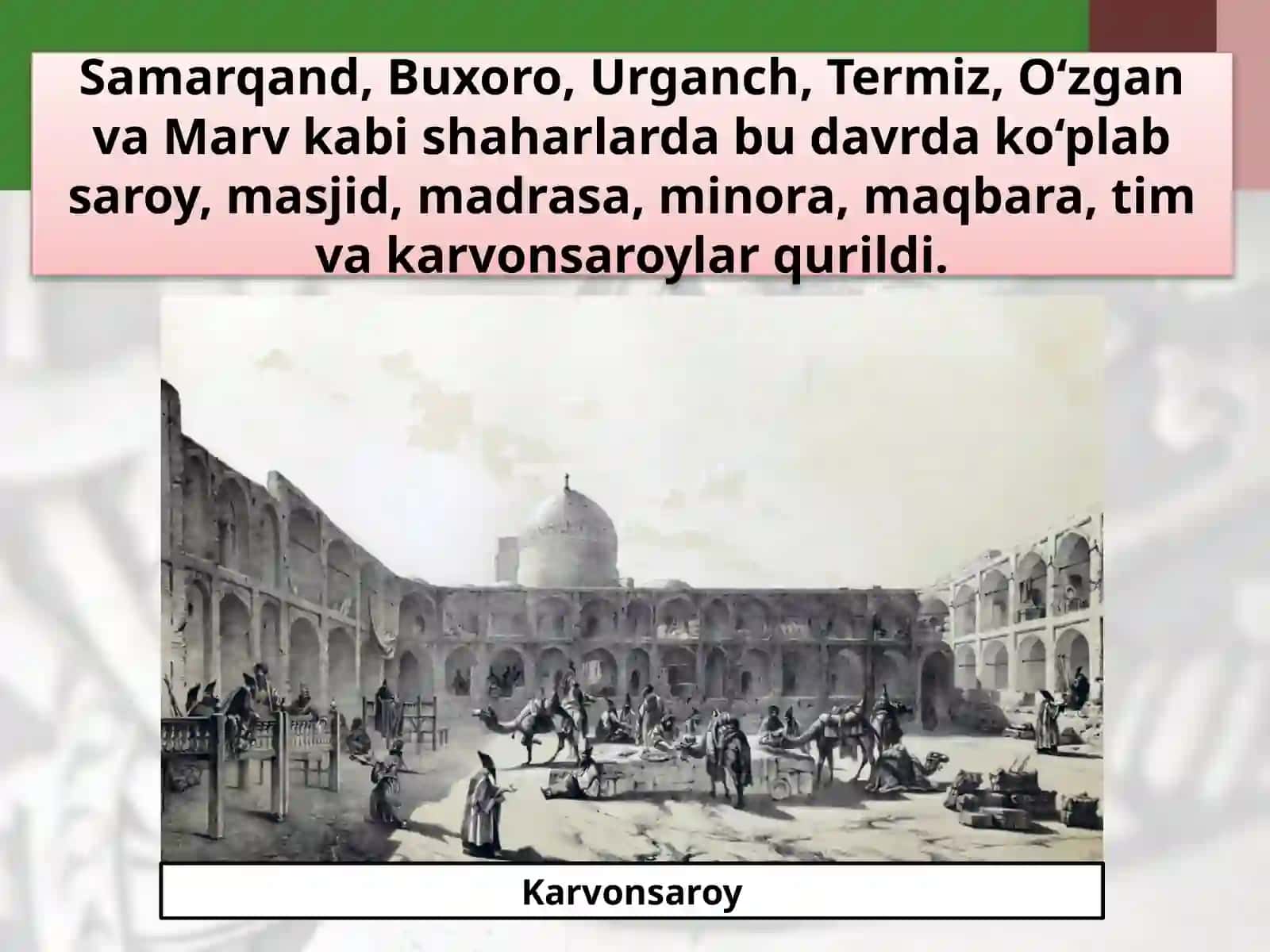 7-sinf O'zbekiston tarixi Me'morchilik, san'at, musiqa va diniy e'tiqod dars ishlanma 3