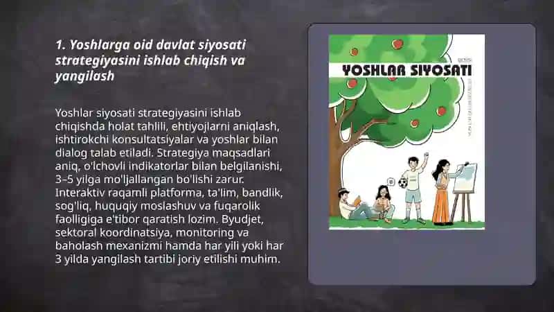 Yoshlarga oid davlat siyosati strategiyasini ishlab chiqish va yangilash 3