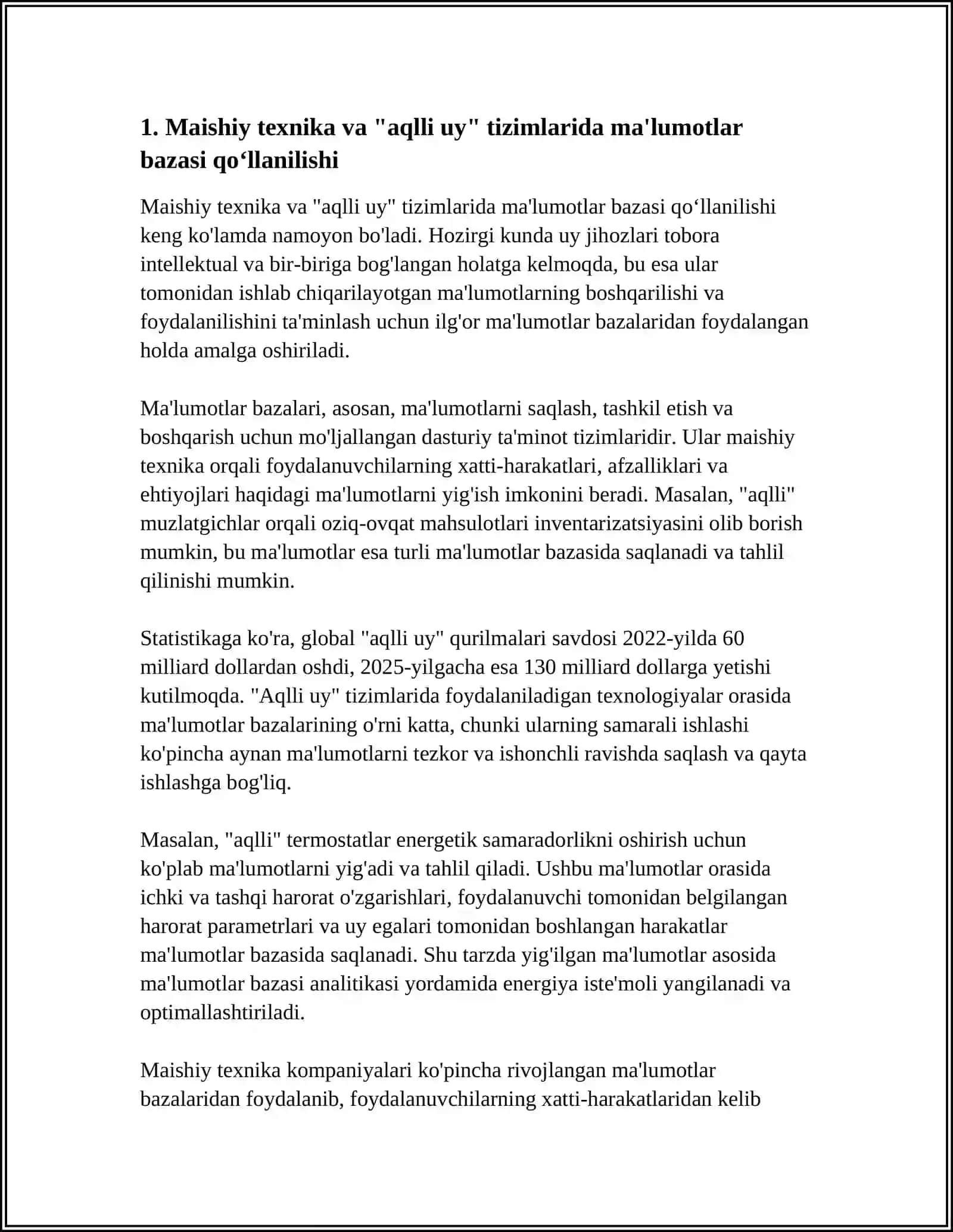 MALUMOTLAR BAZASINING KUNDALIK HAYOTTA QOʻLLANILADIGAN MISOLLARI BOʻYICHA REFERAT YOZISH VA TAHLIL QILISH 3