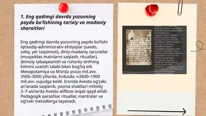 Eng qadimgi davrda yozuvning paydo boʻlishi "Avesto"dagi pedagogik qarashlar 3