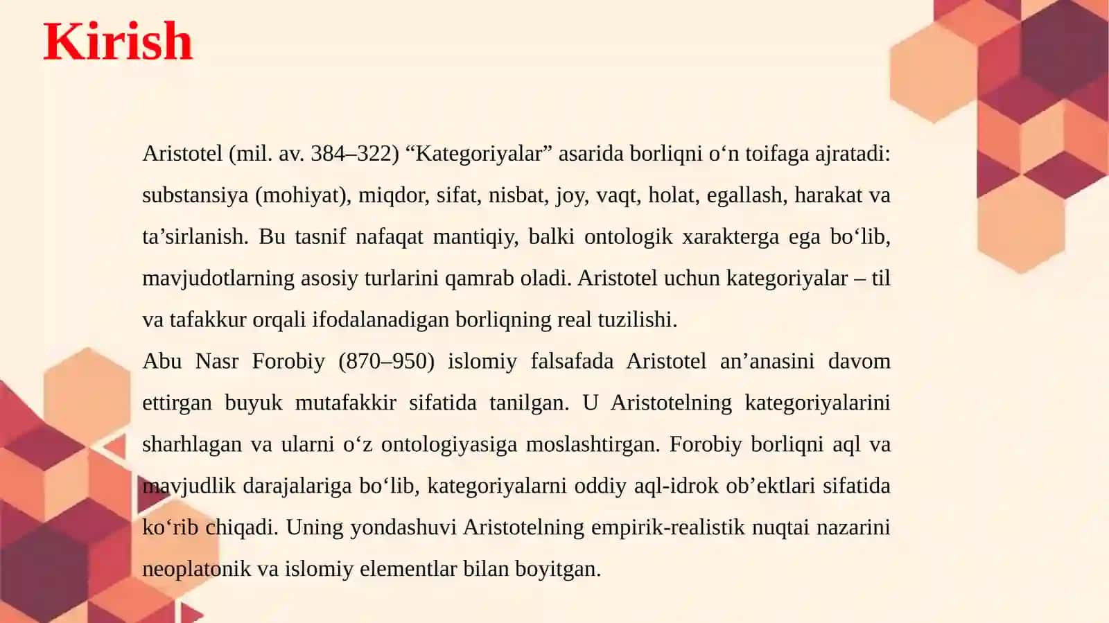 Aristotel, Forobiy va Kant ontologiyasidagi kategoriyalar ning tasnifi 3