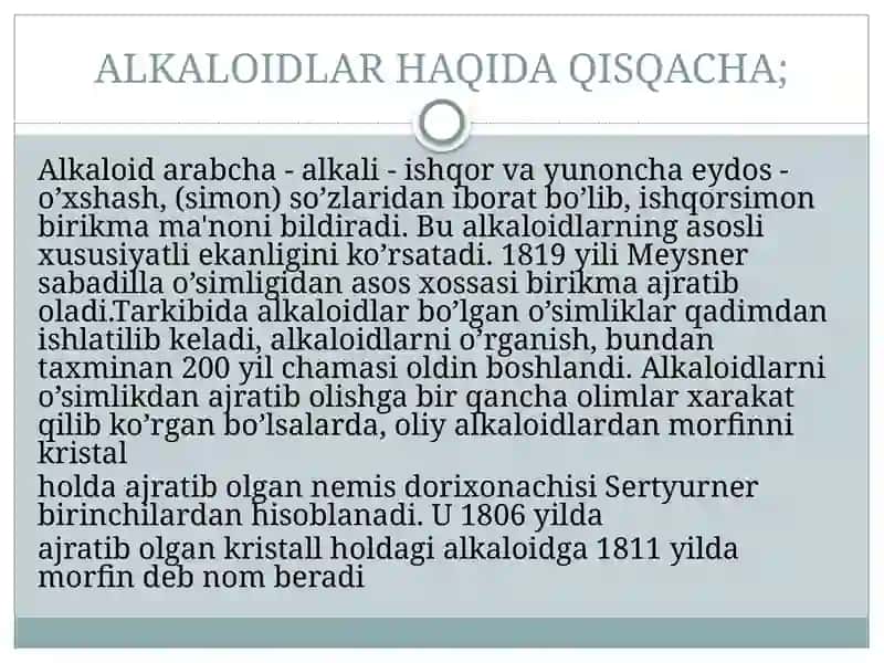 ALKALOIDLAR HAQIDA QISQACHA 3