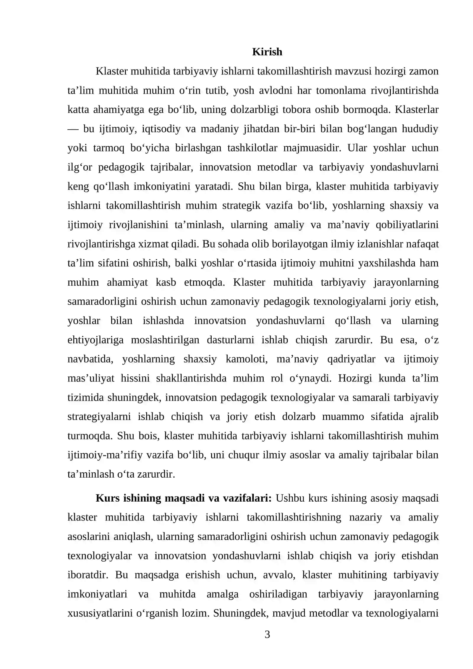 Klaster muhitida tarbiyaviy ishlarni takomillashtirish kurs ishi 3