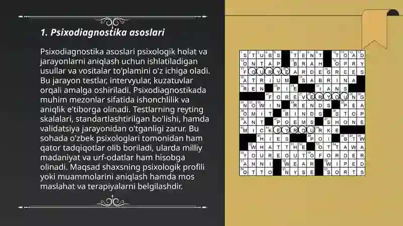 Psixodiagnostik tushunchalar asosida krossvord tuzish. Testlashtirishning ijtimoiy va etikaviy jihatlari boshqa tipdagi testlarni tuzish. 3