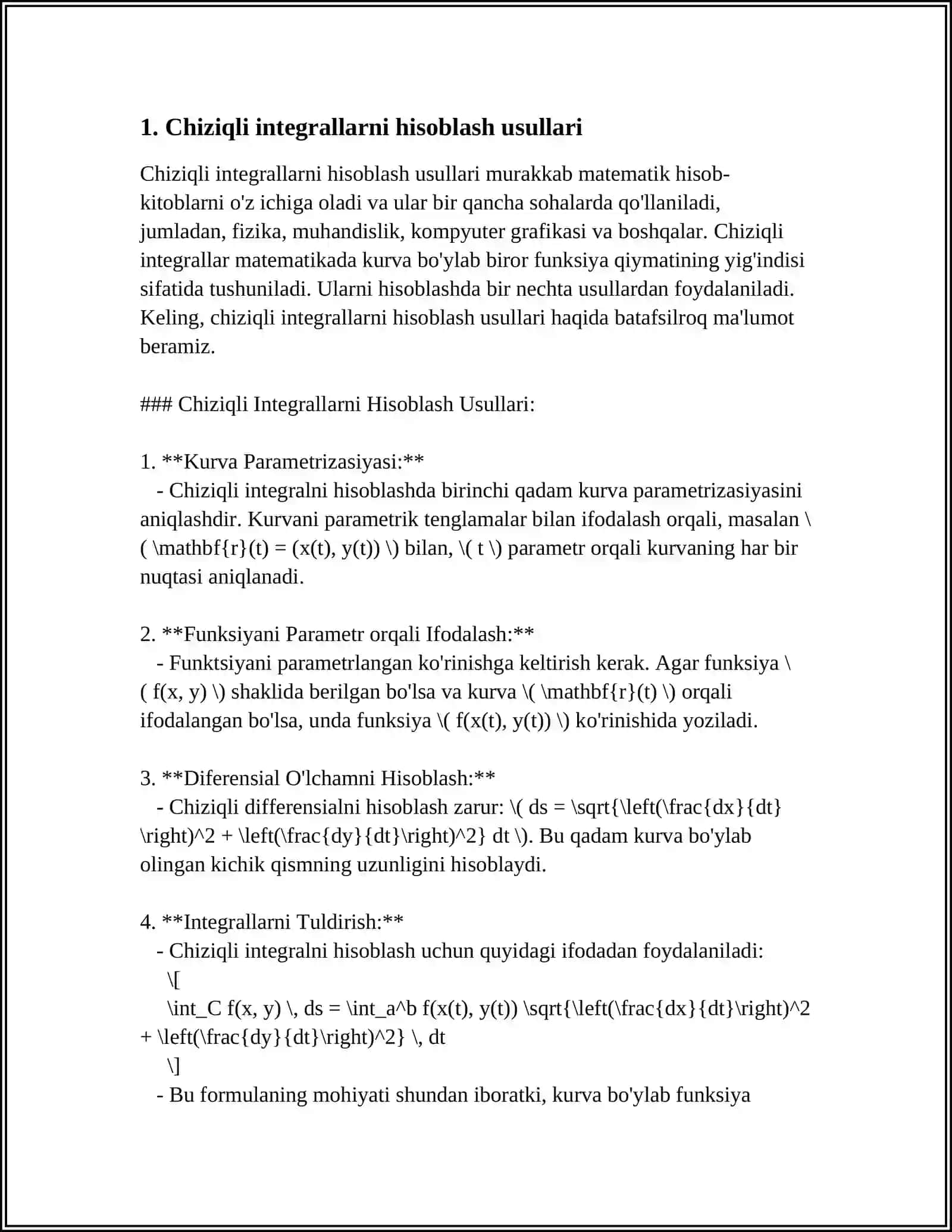MUSTAQIL ISH Mavzu: IKKINCHI TUR EGRI CHIZIQLI INTEGRALNI HISOBLASHGA DOIR MASHQLAR. GRIN FORMULASI. EGRI CHIZIQLI INTEGRALNI TADBIQIGA DOIR MASHIQLAR 3