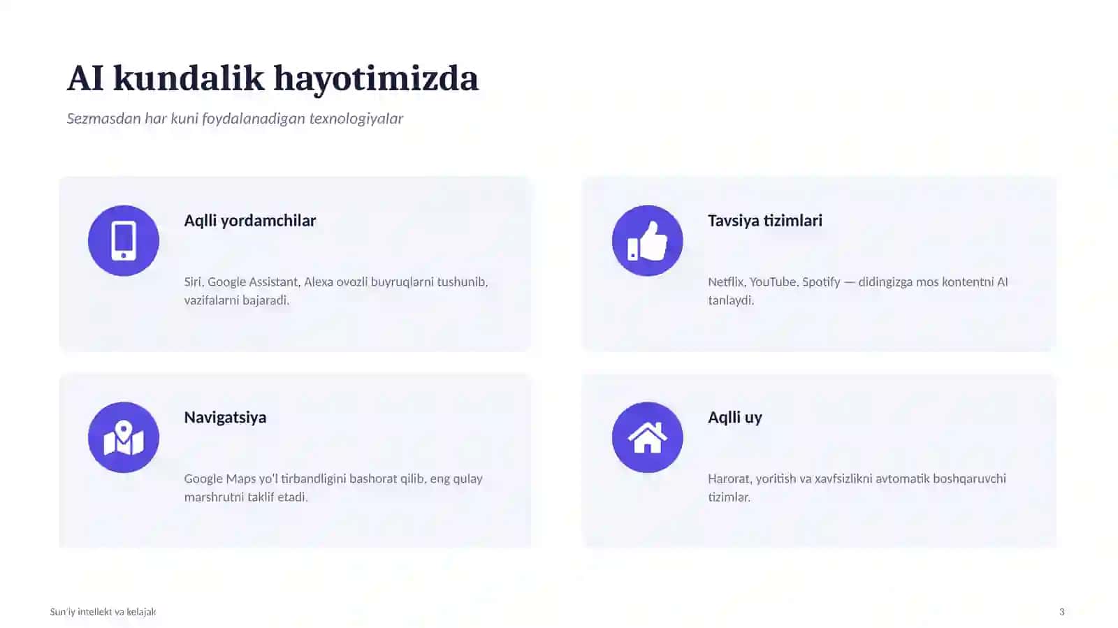 Sun'iy intellekt (AI) va uning kelajagi: Kundalik hayotimiz va kasblarga ta'siri | PPT Taqdimot 3