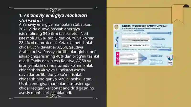 Ananaviy va noanaviy energiya manbalaridanfoydalanishning statistikalari 3