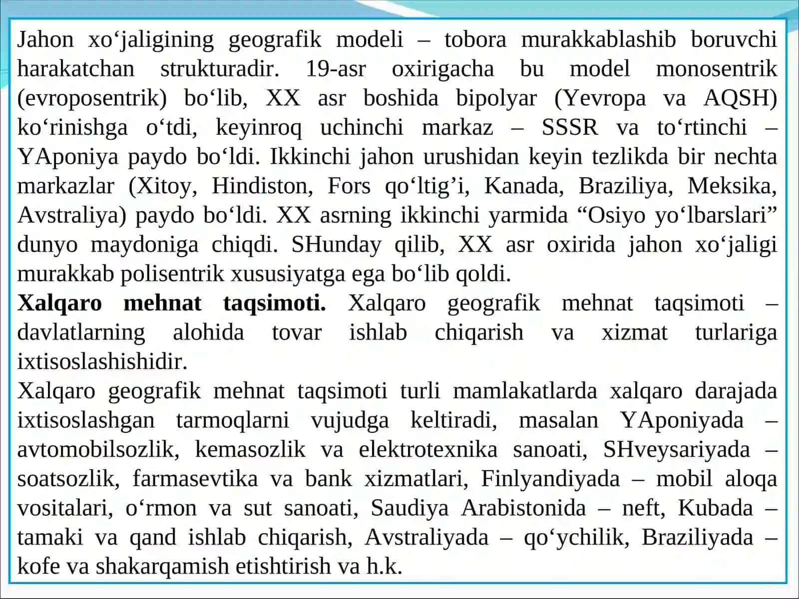 Jahоn хo‘jaligi geografiyasi. Jahon sanoati va uning tarmoqlari geografiyasi 3