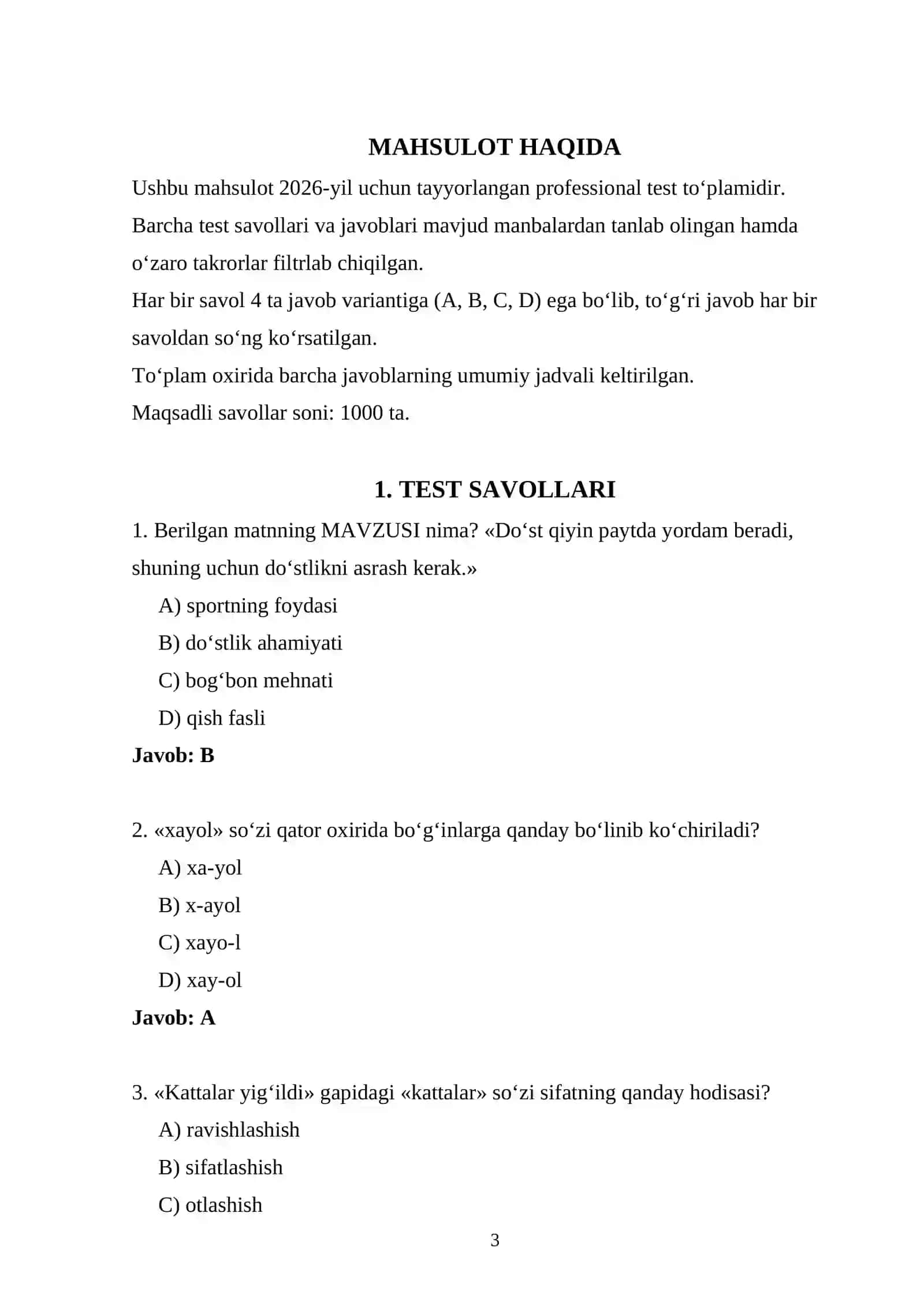 Ona tili attestatsiya 2026 — 1000 ta test 3