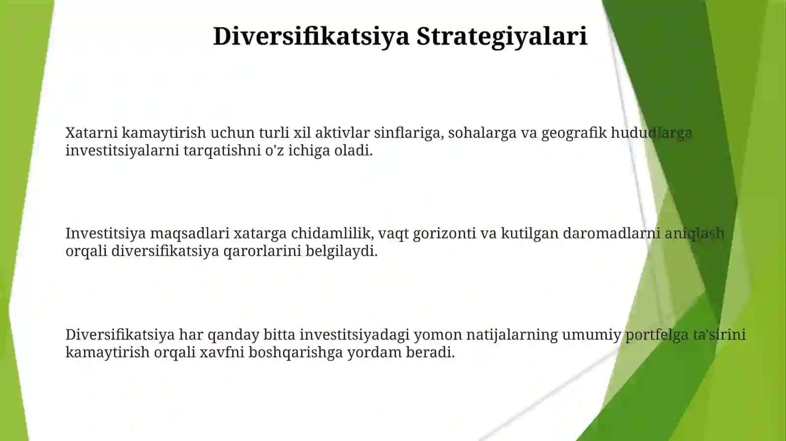 Investitsiyalarning maqsadlari va diversifikatsiyalanishi 3