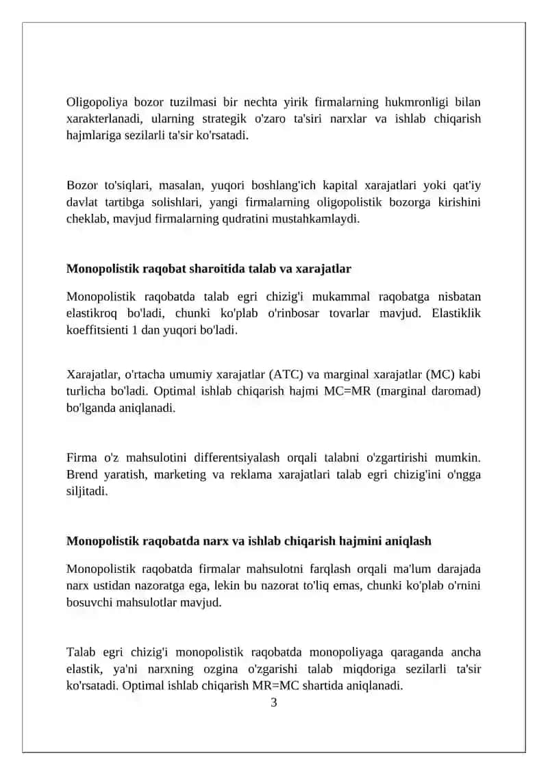 Monopolistik raqobat va oligopoliya sharoitida ishlab chiqarish hajmi va narxning shakllanishi 3