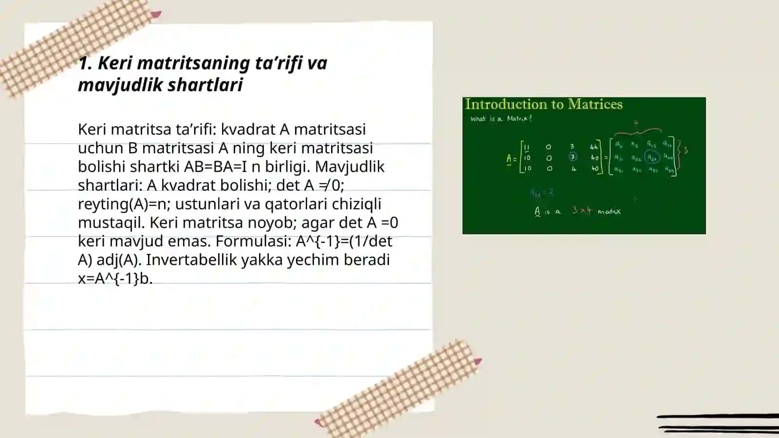 Keri matricalar.Siziqli tenʼlemelerdi matrica usilinda sheshiw 3