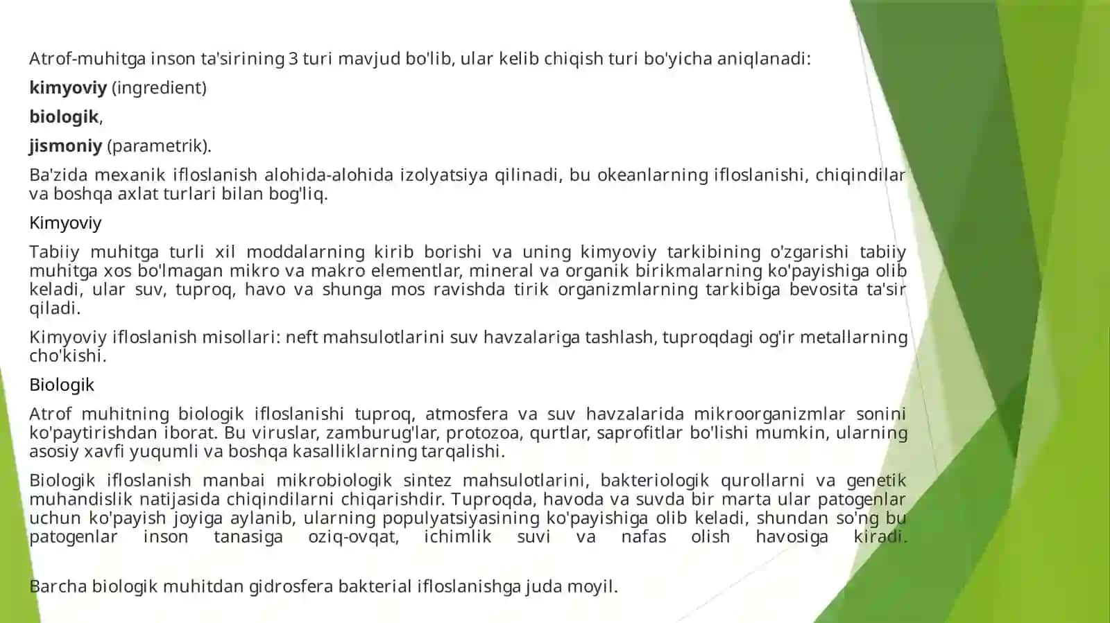 EkologiyaAntropogen ifloslanishning tasnifi va turlari va inson faoliyati atrof-muhitga ta'sirining asosiy oqibatlari 3