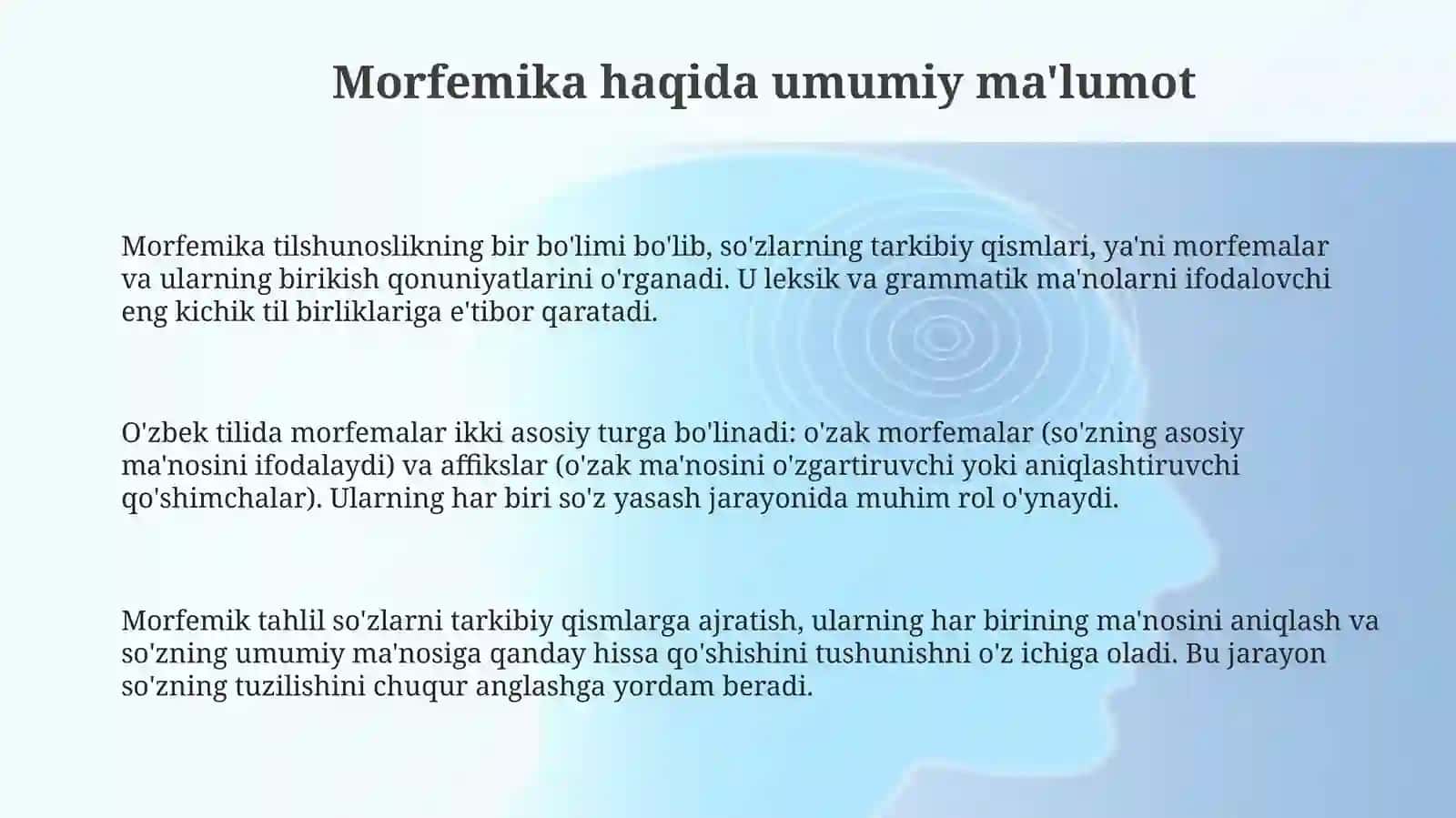Morfemika haqida ma'lumot.Asos morfema va uning xususiyatlari.Affiks morfema va uning xususiyatlari 3