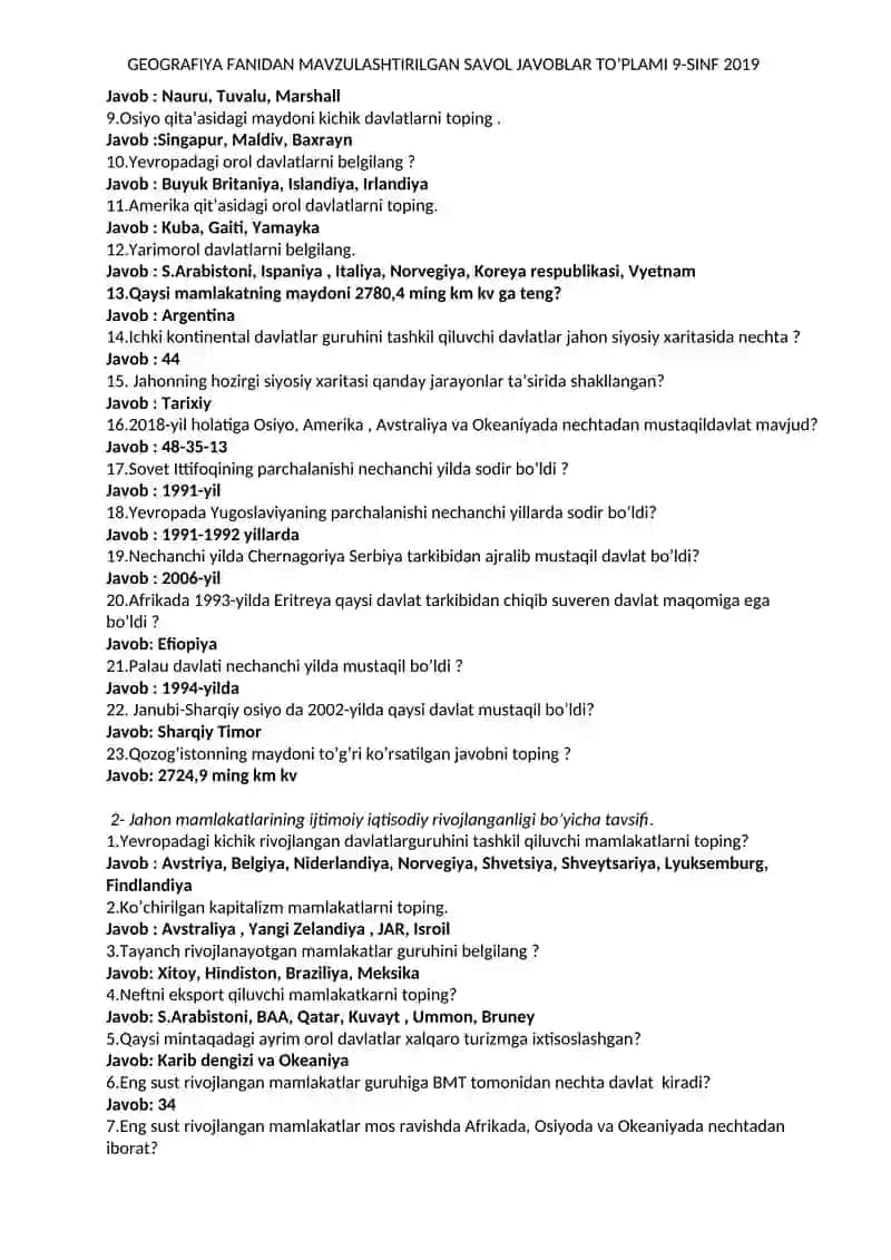 GEOGRAFIYA FANIDAN MAVZULASHTIRILGAN SAVOL JAVOBLAR TO’PLAMI 9-SINF 2019 2020 3