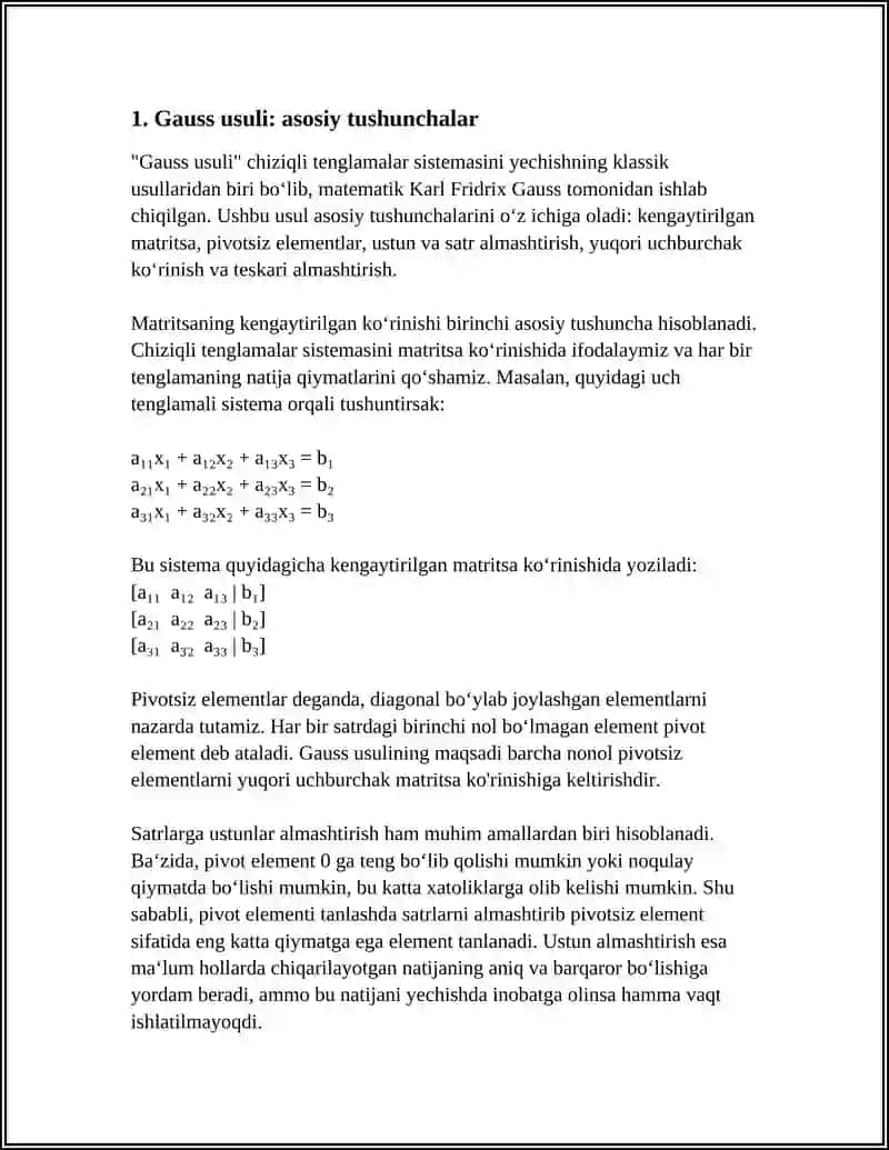 CHIZIQLI TENGLAMALAR SISTEMASINIGAUSS USULDA YECHISH 3