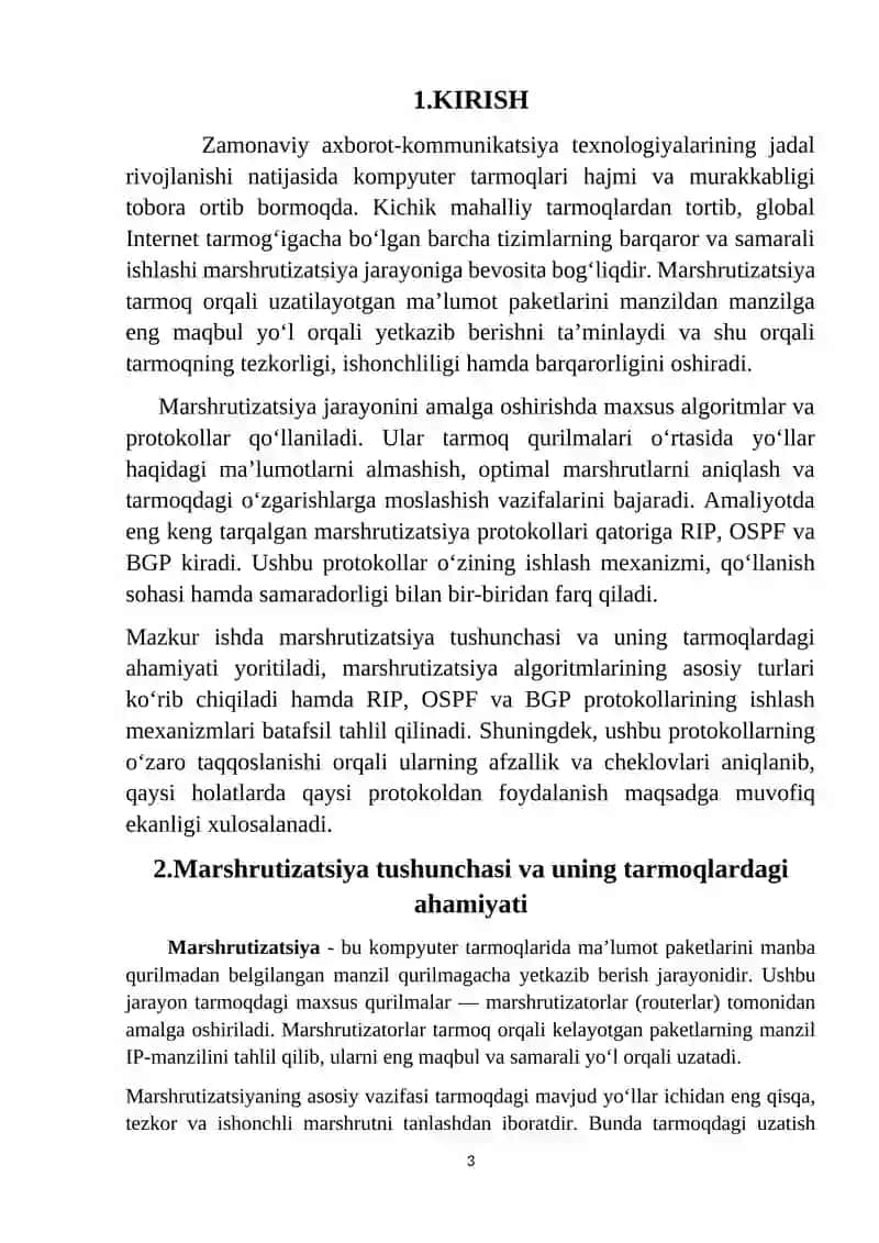 Marshrutizatsiya algoritmlari (RIP, OSPF, BGP) va ularning ishlash mexanizmi 3