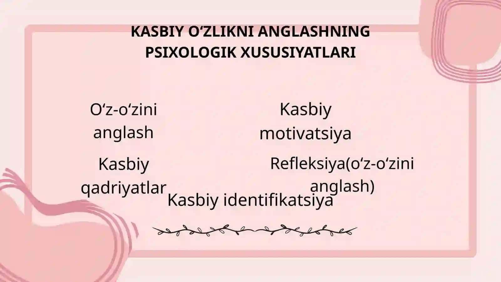 SHAXSDA KASBIY O‘ZLIKNI ANGLASHNING PSIXOLOGIK XUSUSIYATLARI.KASBIY FAOLIYATDA SHAXSIY FAZILATLARNING O‘RNI 3