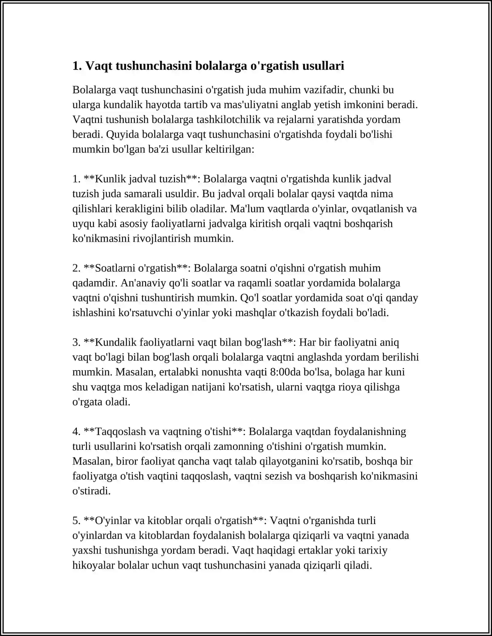 BOLALARDA VAQT HAQIDA TASAVVURLARNI SHAKILLANTIRISH 3
