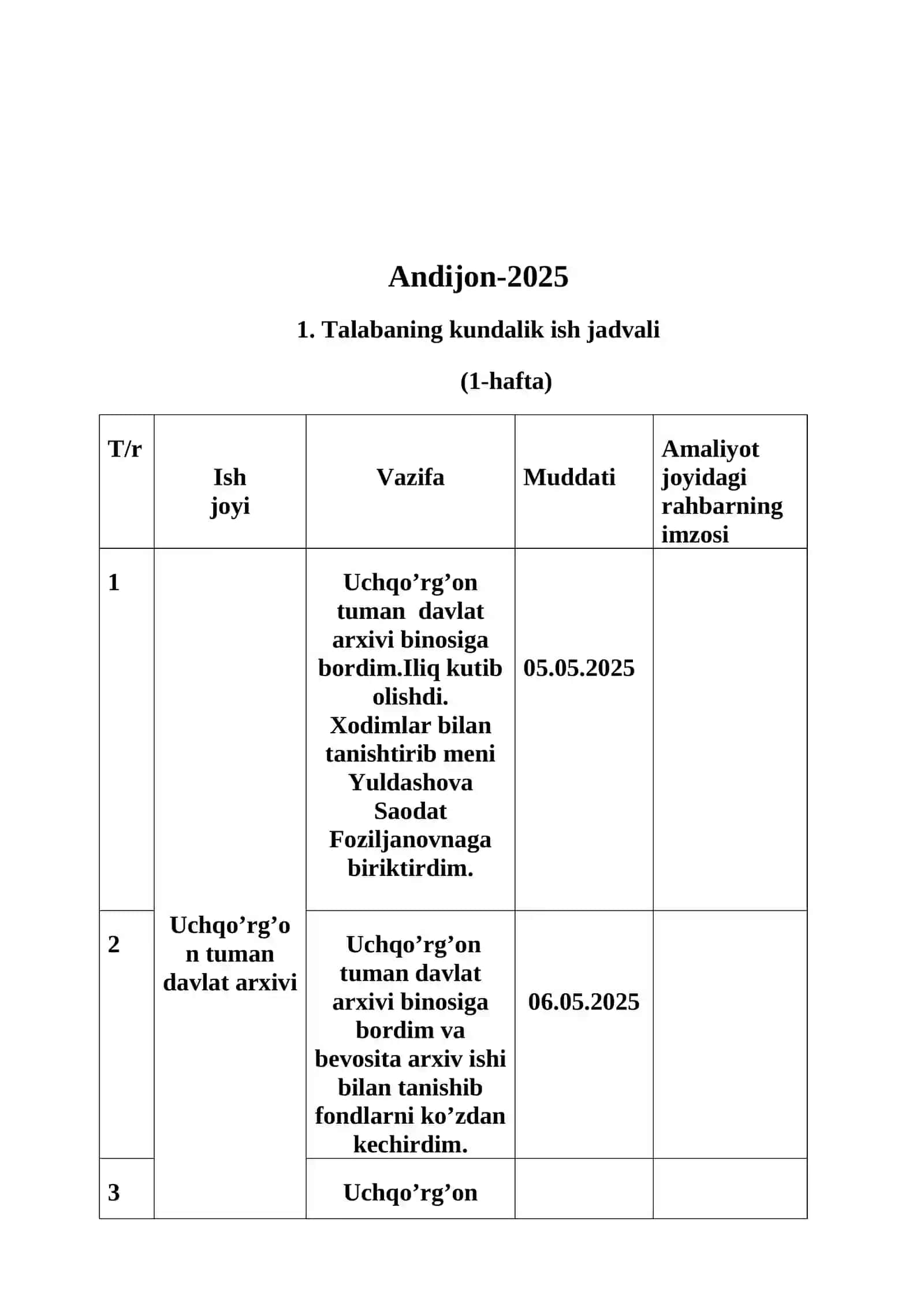 ARXIVSHUNOSLIK BO’YICHA AMALIYOT KUNDALIGI 3