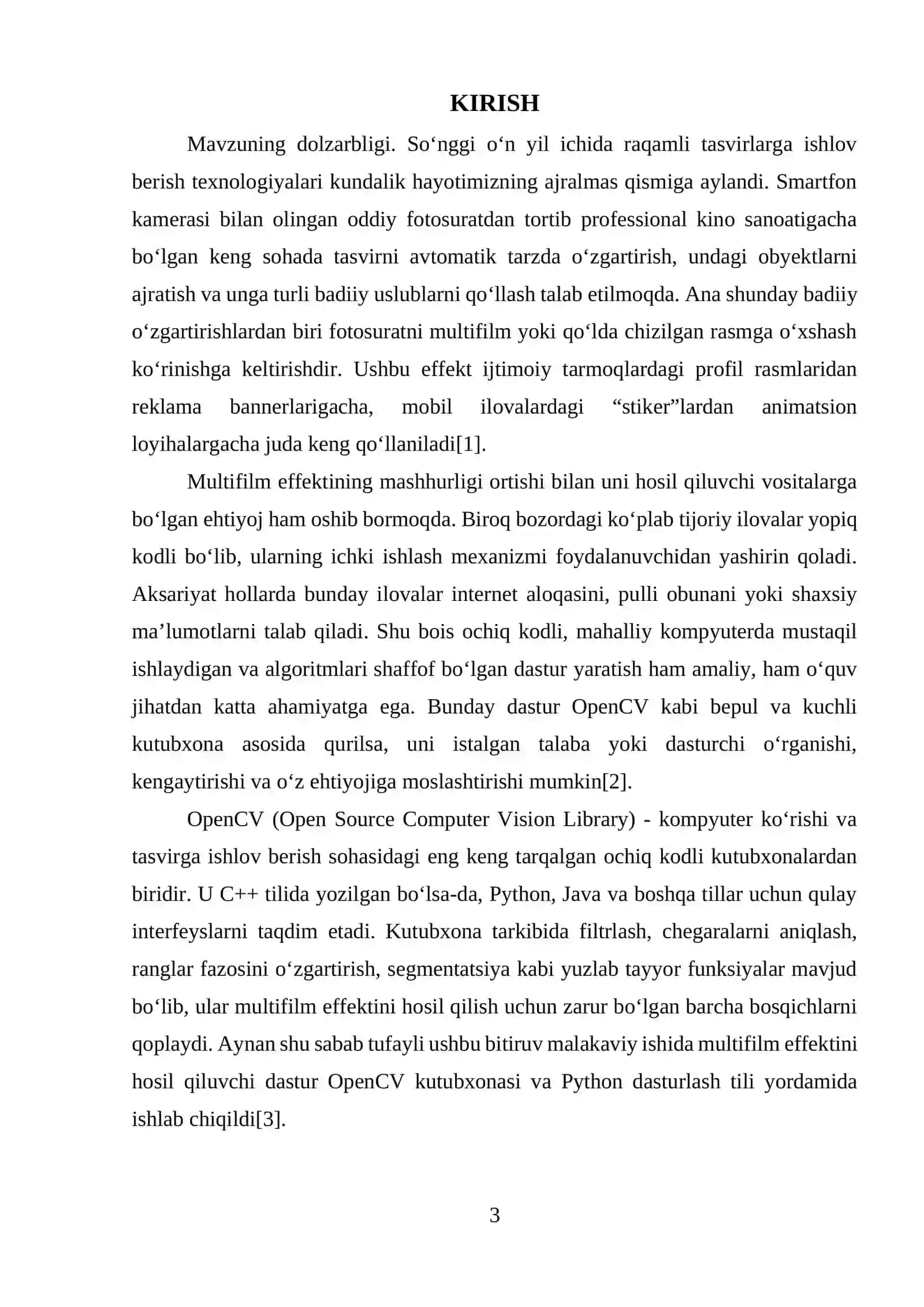 OpenCV kutubxonasi yordamida raqmli tasvirni multfilm (cartoon) effektiga o‘tkazuvchi dasturni yaratish bo‘yicha                             BITIRUV MALAKAVIY ISHI 3
