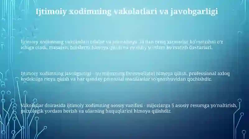 Ijtimoiy ish boʻyicha mutaxassisning vakolatlari va ijtimoiy masʼuliyat chegaralari 3