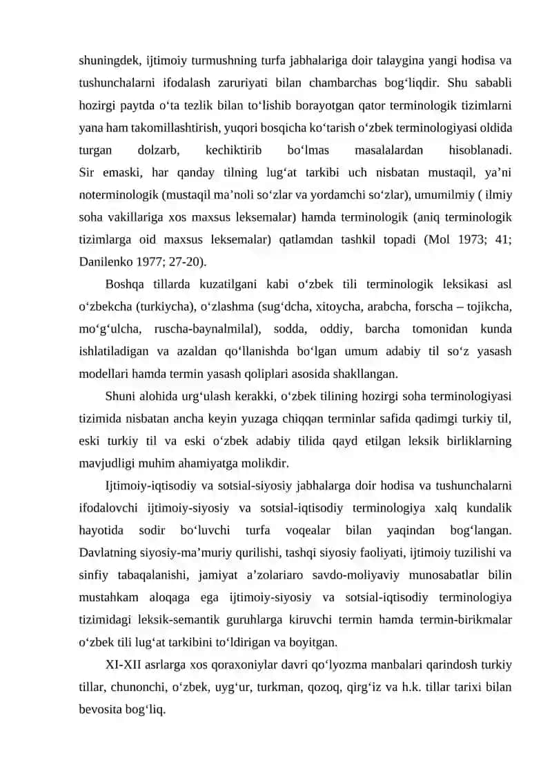 O‘zbek terminologik tizimining o‘ziga xos xususiyati va terminologik tizimda o‘z qatlamning qo‘llanish doirasi. 3