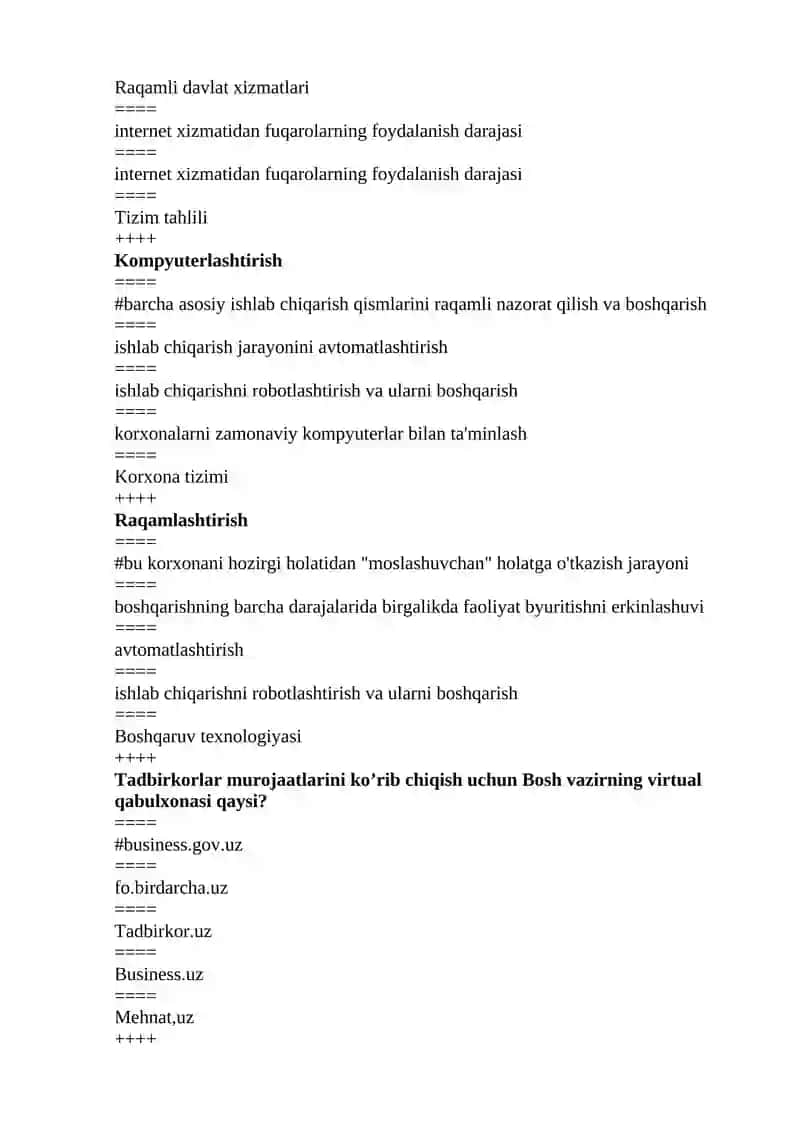 Kichik biznes va hususiy tadbirkorlik fanidan test savollari 3
