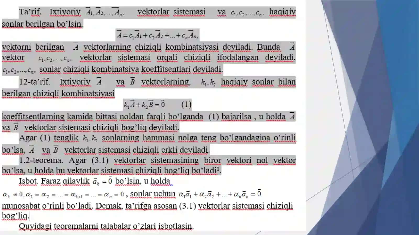 Chiziqlierklivachiziqlibog’liqvektorlarortogоnalvaortonormalbazis 3