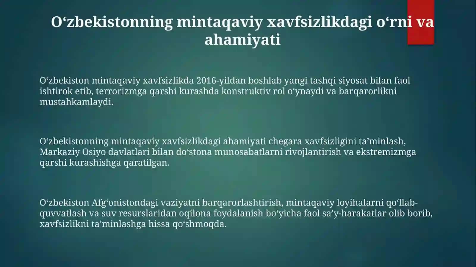 O'zbekistonning Markaziy Osiyodagi Tinchlik va barqarorlikni ta'minlashdagi urni 3