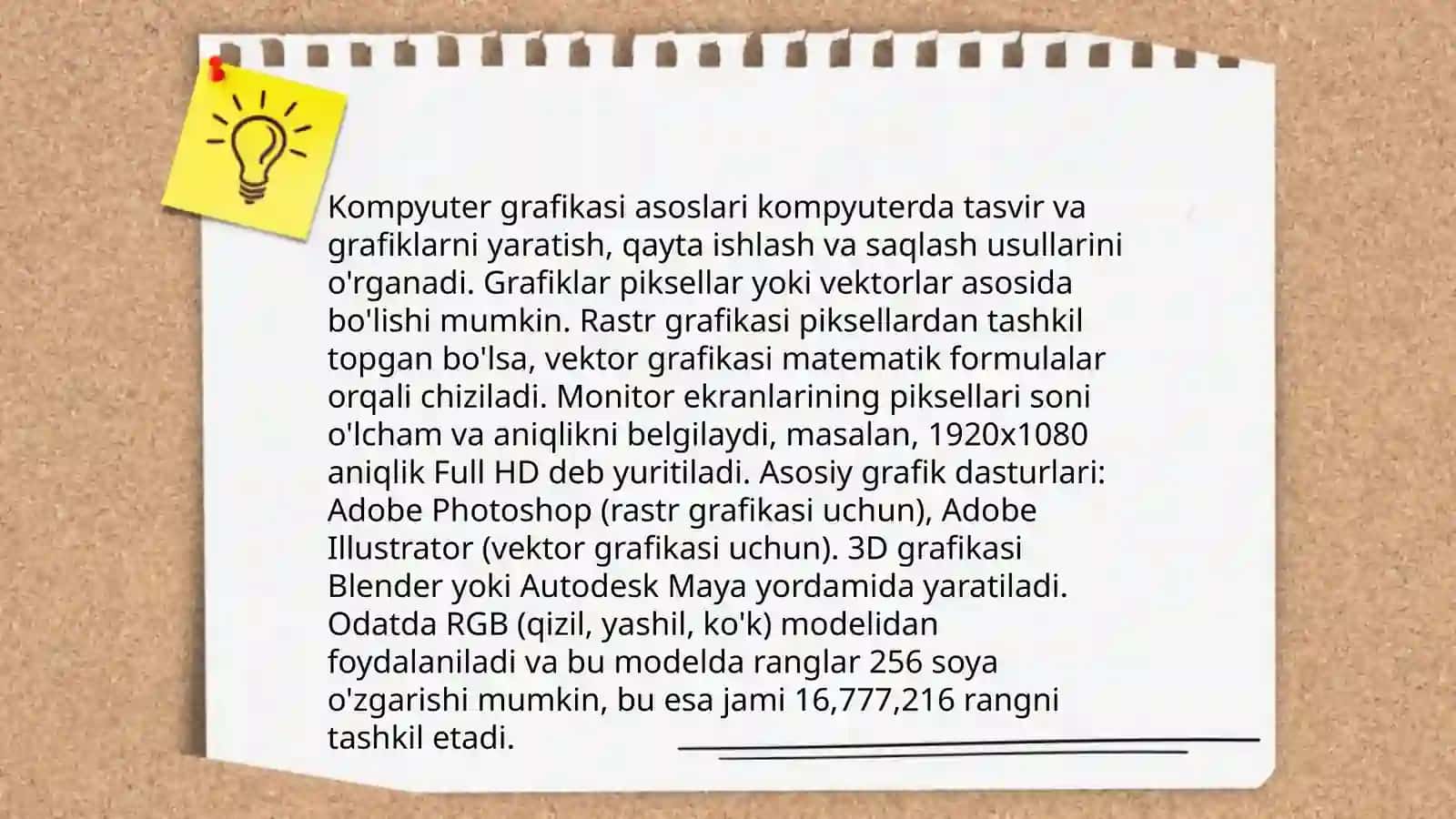 Kompyuter grafikasi turlari:vektorli,rasmli, fraktal, CD-grafika 3