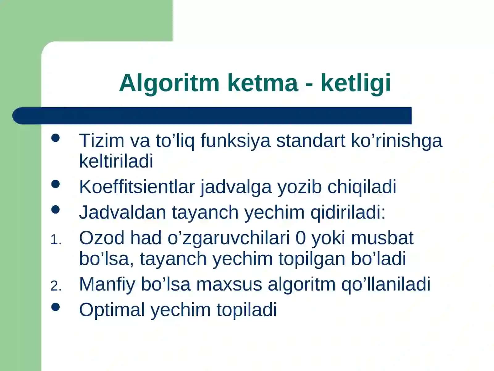 Simpleks uslubida optimal yechimni topishning jadval algoritmi 3