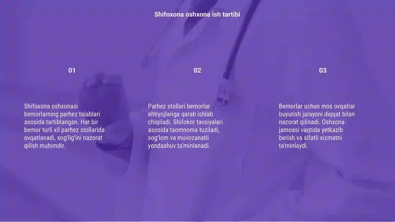 Shifoxona oshxonasi bemorlarning parhez talablari asosida tartiblangan 3