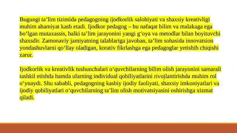 Pedagogning ijodkorlik sifatlari.Ijotkor shaxs kryativ shaxs kasbiy ijodiy faoliyat , kasbiy imkoniyati ijodiy qobilyat kabi ijotkor shaxsni tarbiyalash yo'llari. 3