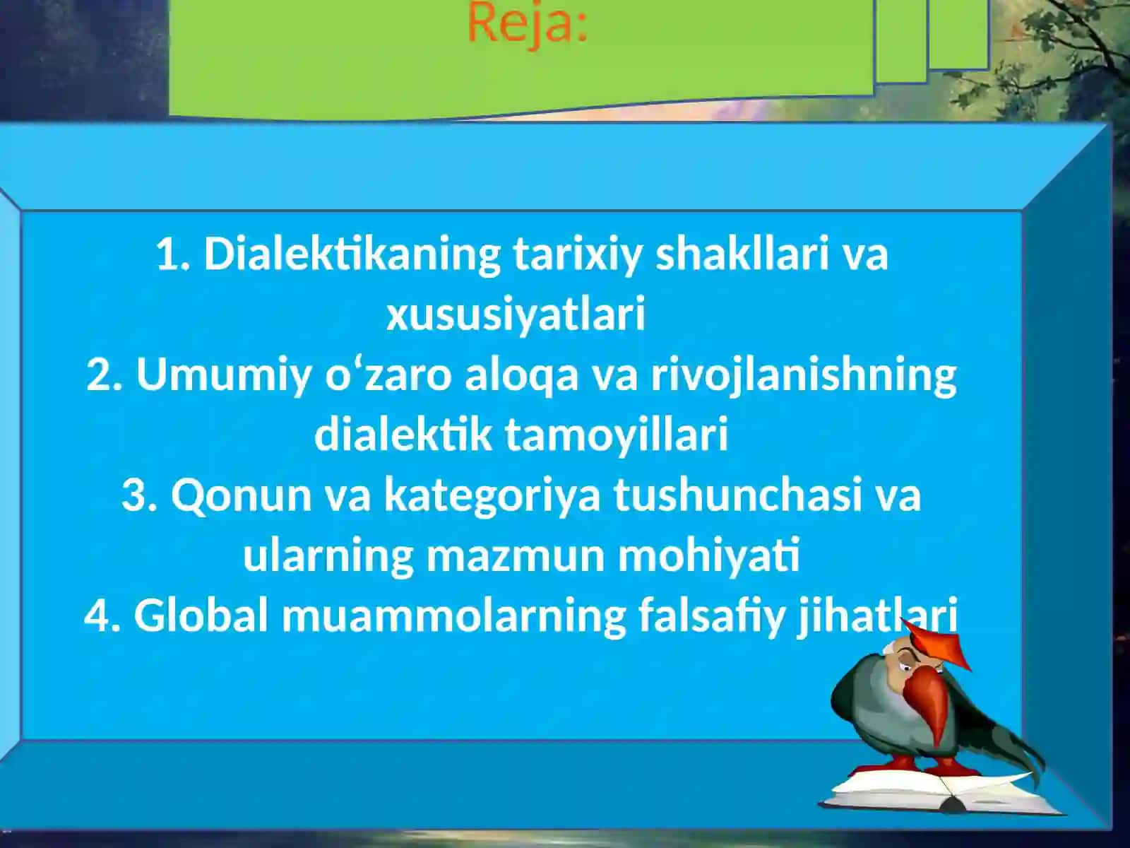 Falsafa tarixida sivilizatsiyaga turli turli yondashuvlar tasnifi (al Farobiy, Ibn Xaldun, N.Daniyevskiy, A.Toynbi). Dunyo xalqlari madaniyatidagi umumiylik va farqlar 3