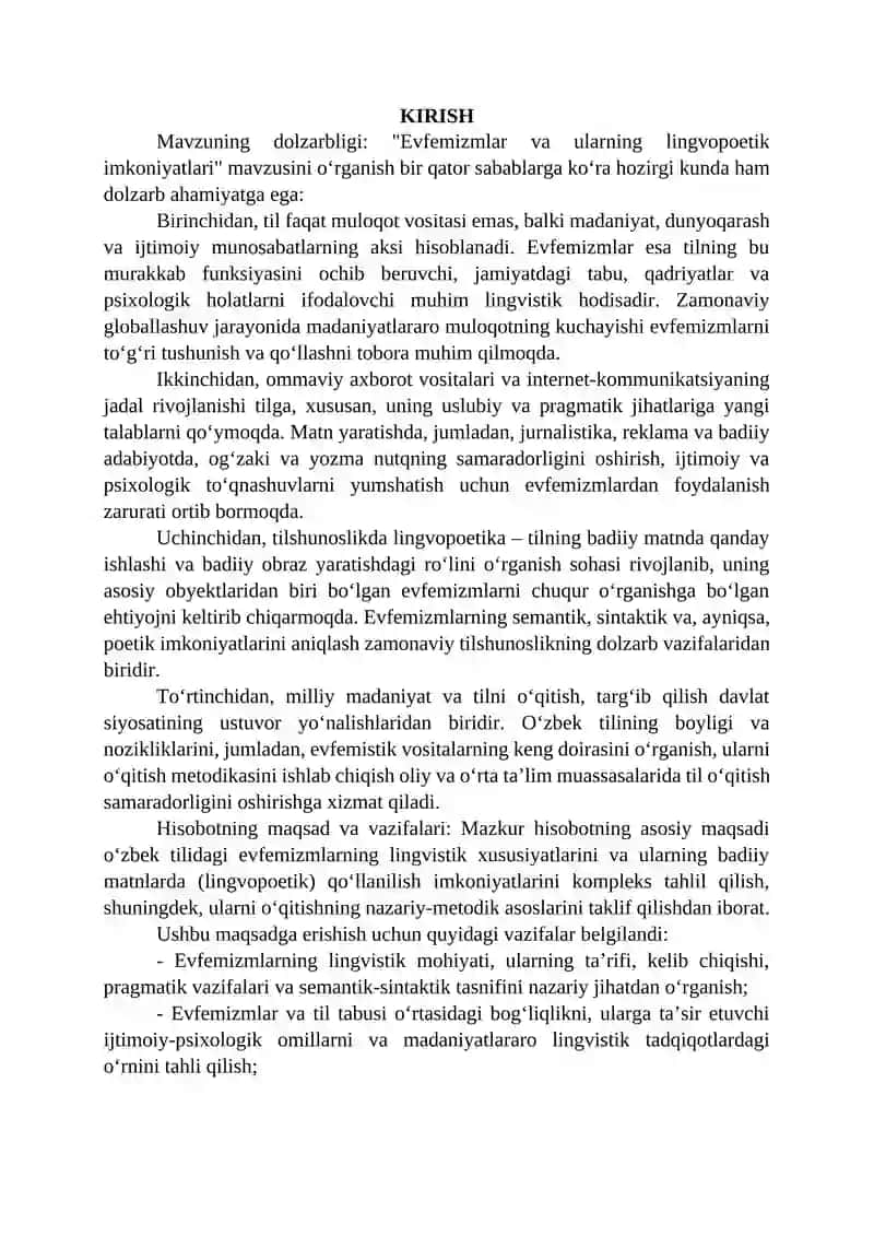Kurs ishi  Hozirgi o‘zbek adabiy tili  Mavzu:Evfemizmlar va ularning lingvopoetik imkoniyatlari
o 3